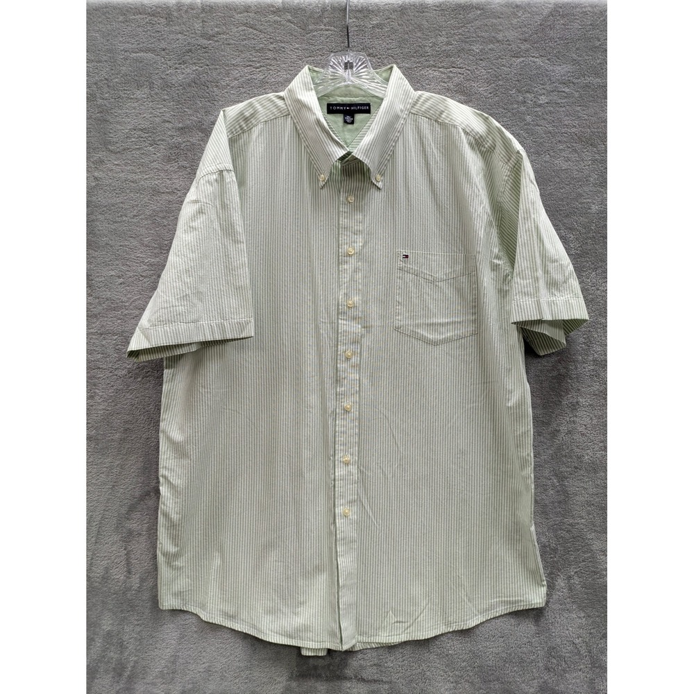 Tommy Hilfiger Short Sleeve‎ Button Down Shirt Mens XXL Green White Striped
